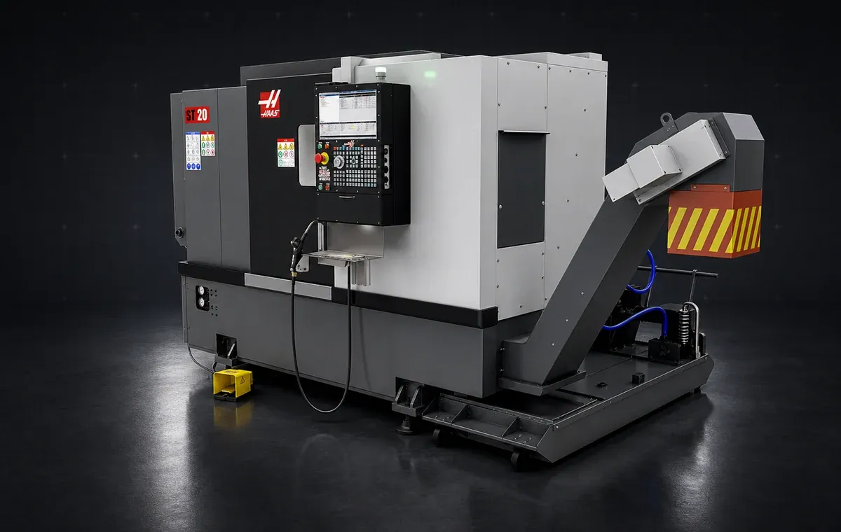 High-precision CNC lathe with chip conveyor.