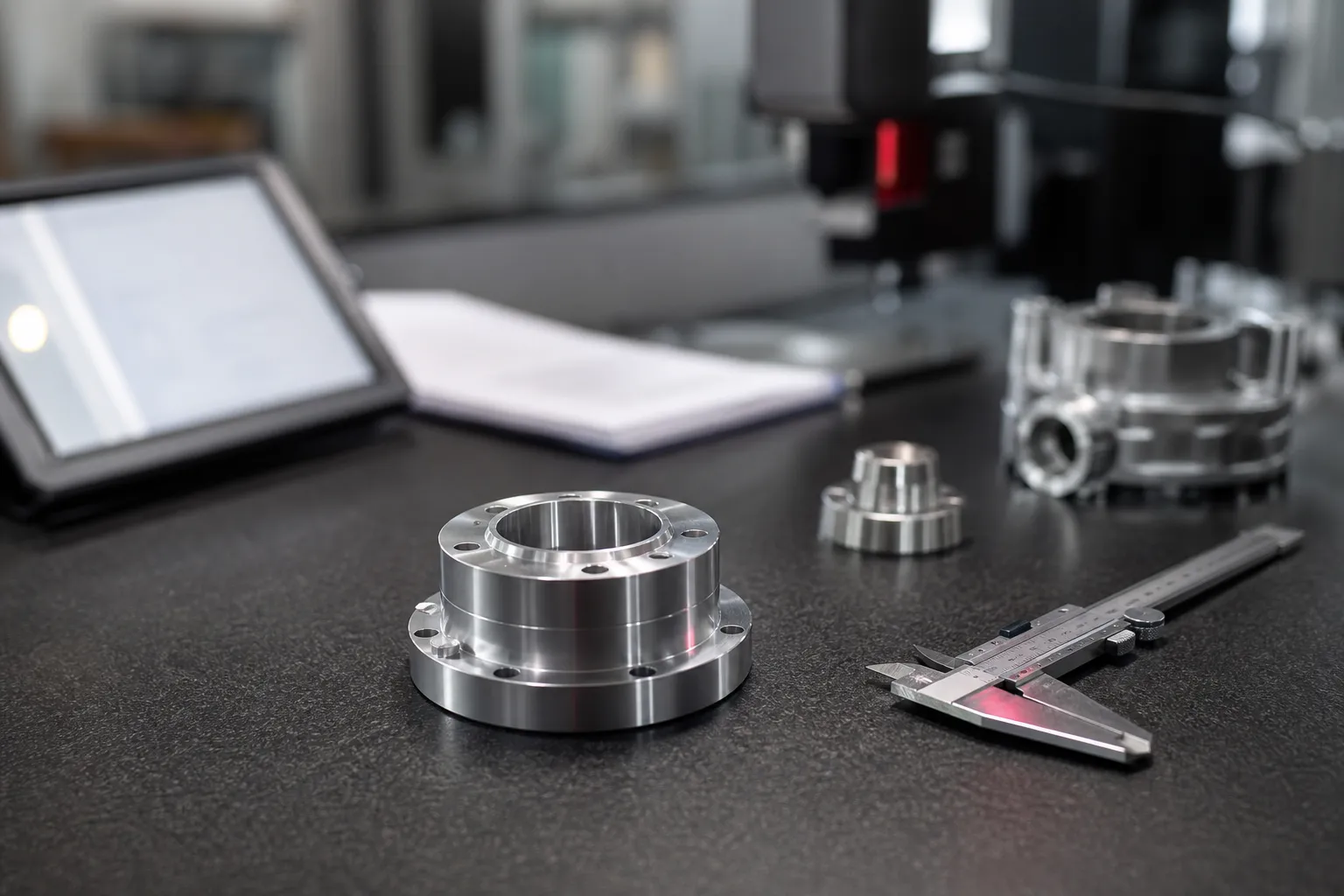 Inspection tools and machined parts on a quality-control bench.