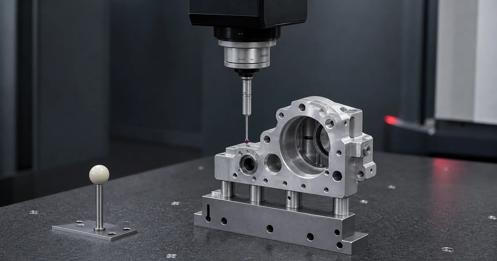 Coordinate measuring probe performing dimensional inspection.