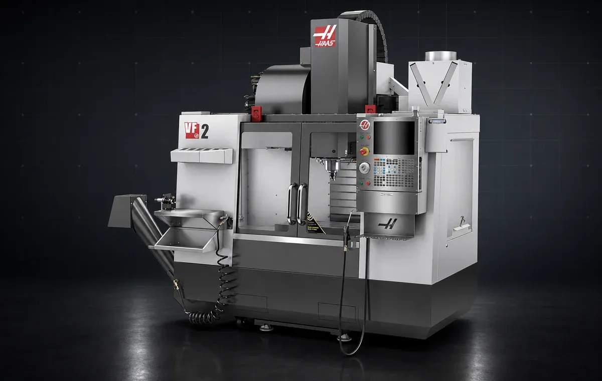 Vertical machining center in a dark technical environment.